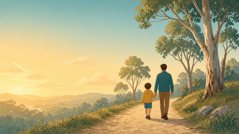 A dad and his child walking together along a bush track